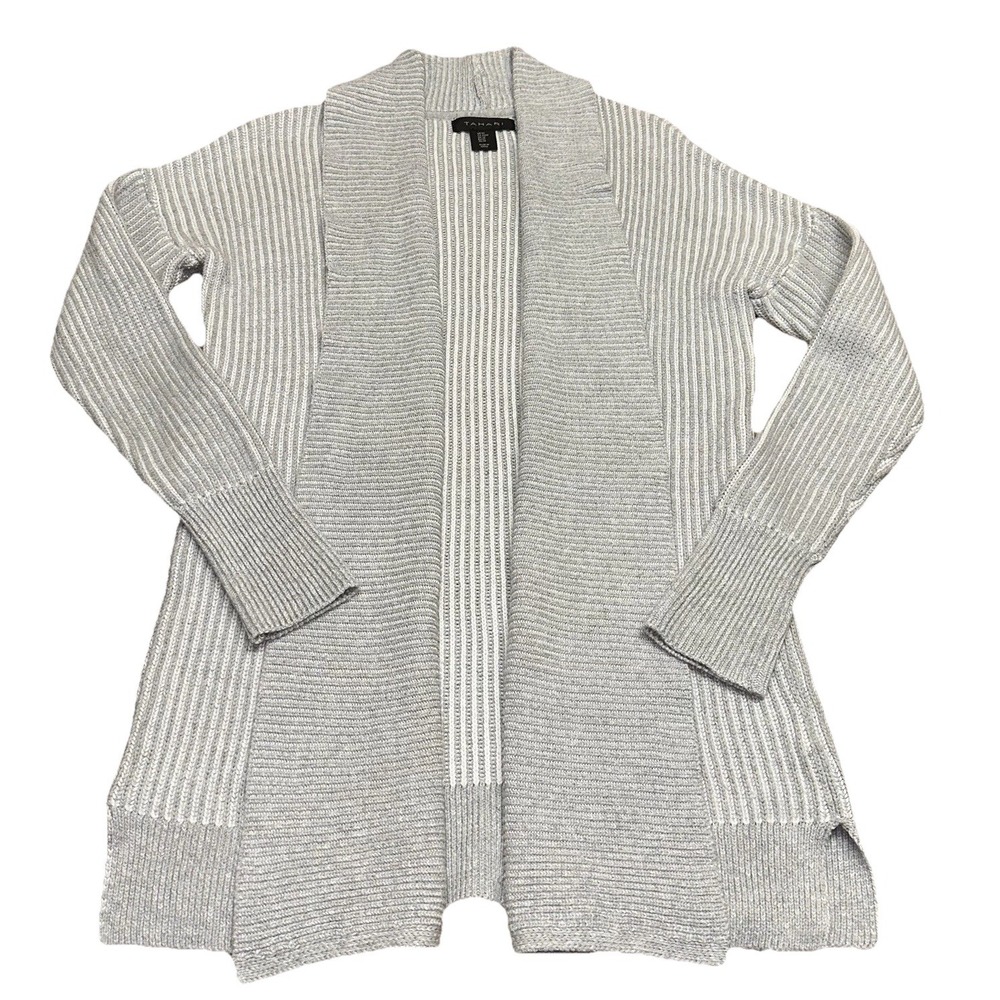 Tahari Gray Long Line Open Face Ribbed Knit Cardigan Duster Sweater Women's M
